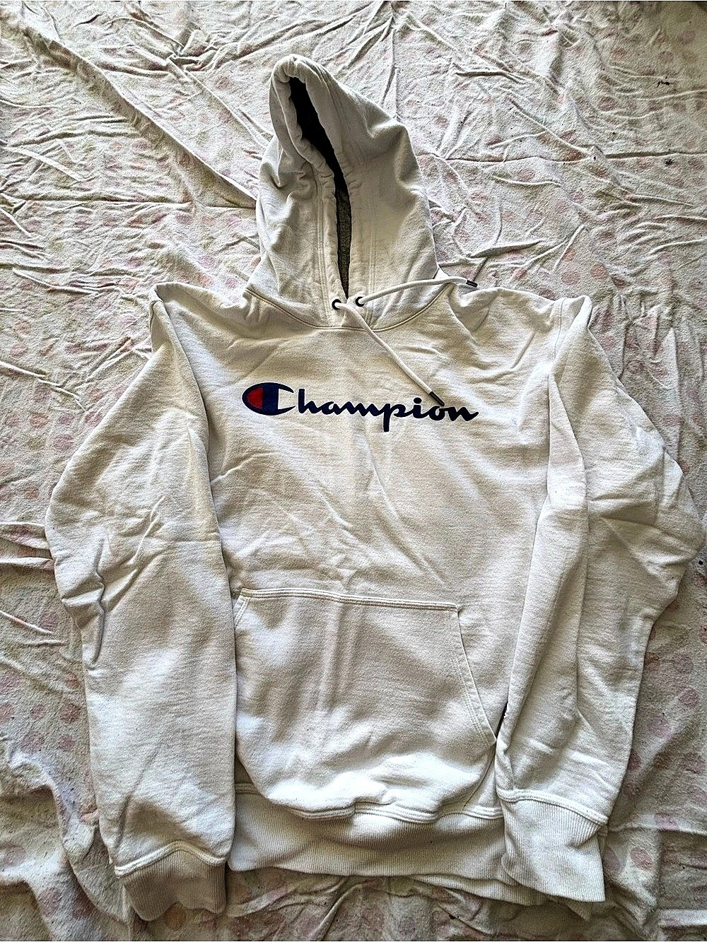 Champion Powerblend Script Logo Hoodie White Pullover